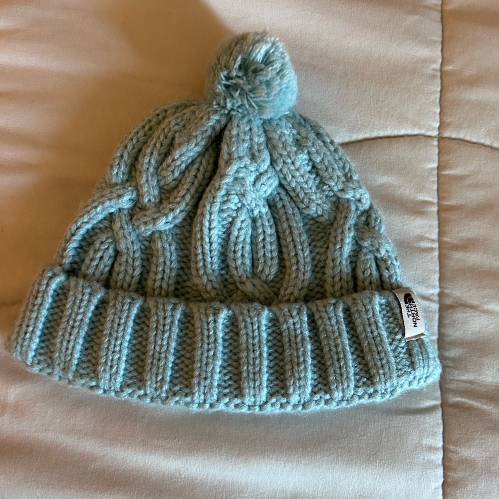 The North Face Blue Cable Knit Pom-Pom Hat
